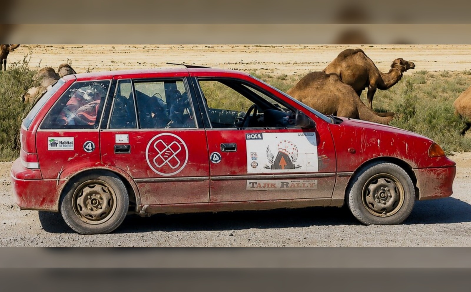 Red rally car with camels as preview of the Rally Quiz